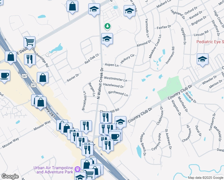 map of restaurants, bars, coffee shops, grocery stores, and more near 1003 Birchwood Lane in Mansfield