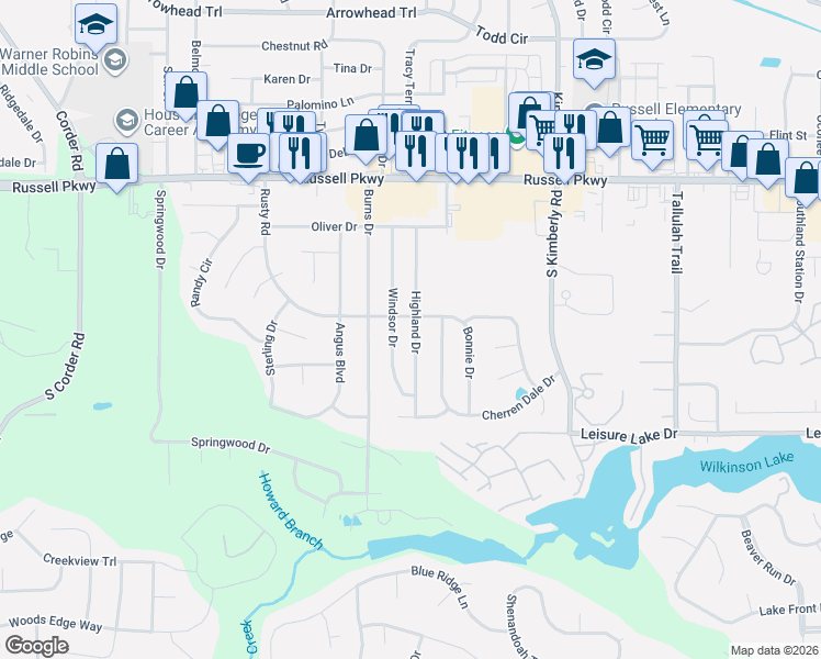 map of restaurants, bars, coffee shops, grocery stores, and more near 202 Highland Drive in Warner Robins