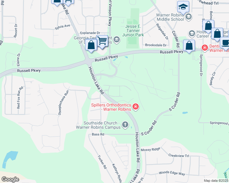 map of restaurants, bars, coffee shops, grocery stores, and more near 1010 South Houston Lake Road in Warner Robins