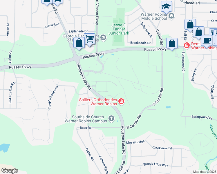 map of restaurants, bars, coffee shops, grocery stores, and more near 700 Huntington Chase Circle in Warner Robins