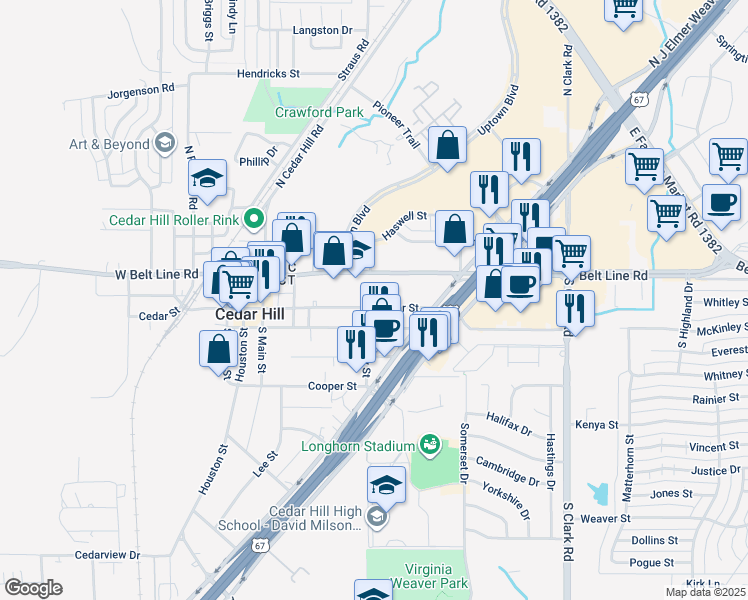 map of restaurants, bars, coffee shops, grocery stores, and more near 305 Cedar Street in Cedar Hill
