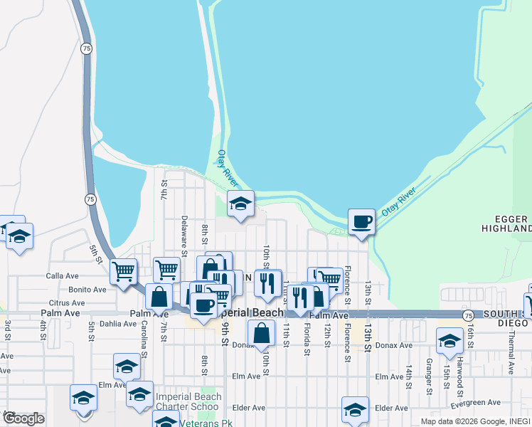 map of restaurants, bars, coffee shops, grocery stores, and more near 507 Emory Street in Imperial Beach