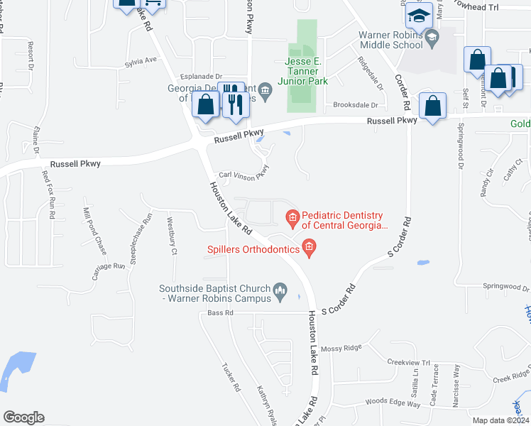 map of restaurants, bars, coffee shops, grocery stores, and more near 700 Huntington Chase Circle in Warner Robins