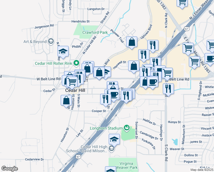 map of restaurants, bars, coffee shops, grocery stores, and more near 305 Cedar Street in Cedar Hill