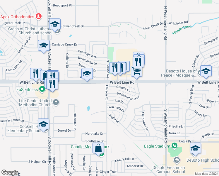 map of restaurants, bars, coffee shops, grocery stores, and more near 1052 Granite Lane in DeSoto