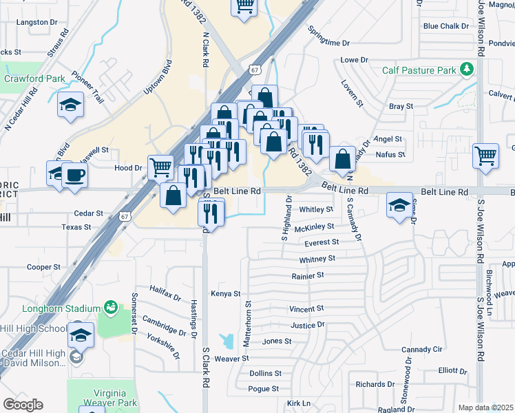 map of restaurants, bars, coffee shops, grocery stores, and more near 204 East Belt Line Road in Cedar Hill