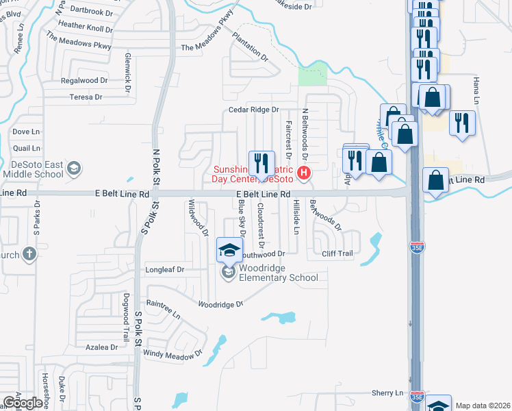 map of restaurants, bars, coffee shops, grocery stores, and more near 109 Cloudcrest Drive in DeSoto