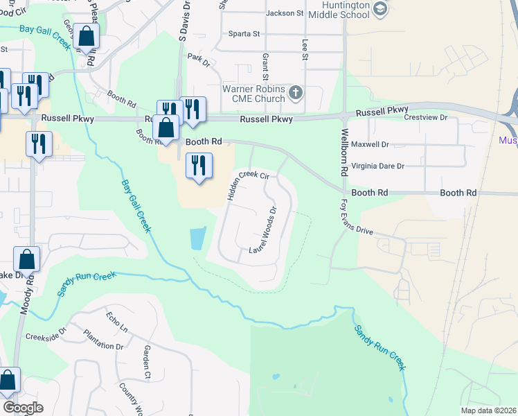 map of restaurants, bars, coffee shops, grocery stores, and more near 118 Timber Mill Court in Warner Robins