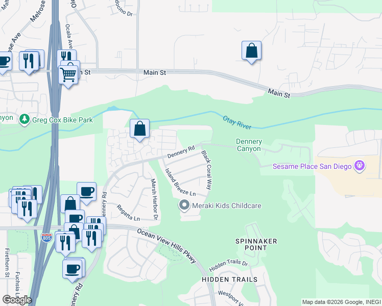 map of restaurants, bars, coffee shops, grocery stores, and more near 4892 Royal Island Way in San Diego