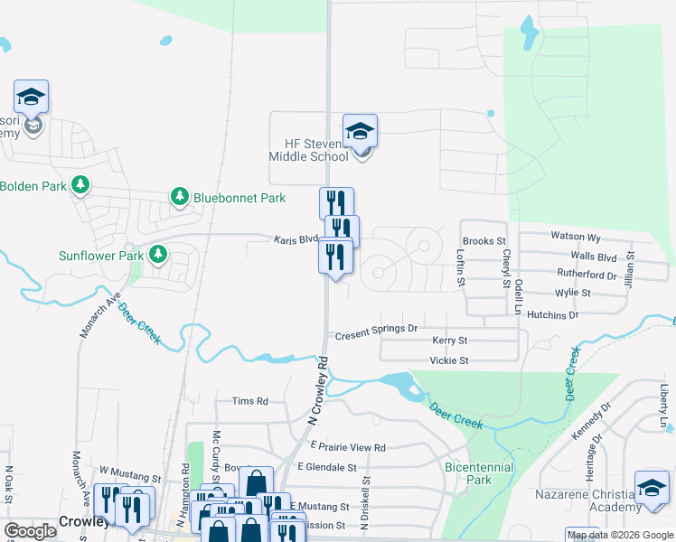 map of restaurants, bars, coffee shops, grocery stores, and more near 840 North Crowley Road in Crowley