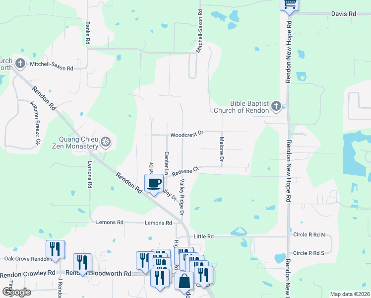 map of restaurants, bars, coffee shops, grocery stores, and more near 6327 Valley Ridge Drive in Fort Worth