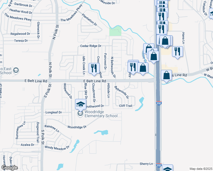 map of restaurants, bars, coffee shops, grocery stores, and more near 107 Hillside Lane in DeSoto