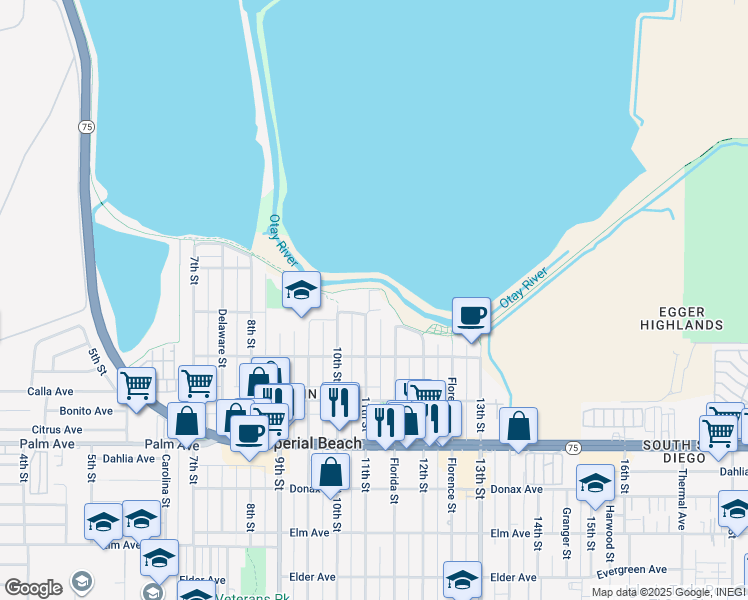 map of restaurants, bars, coffee shops, grocery stores, and more near 497 11th Street in Imperial Beach