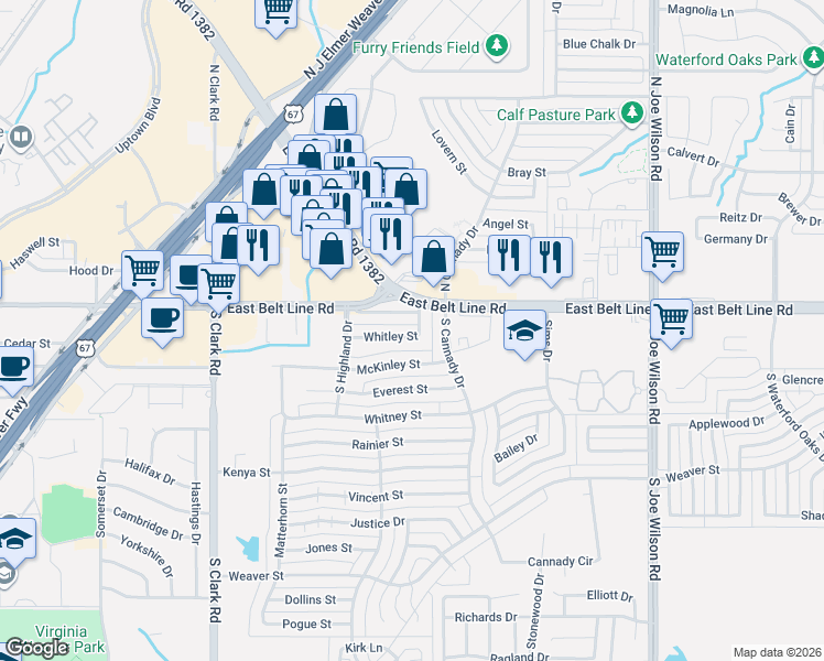 map of restaurants, bars, coffee shops, grocery stores, and more near 464 Whitley Street in Cedar Hill