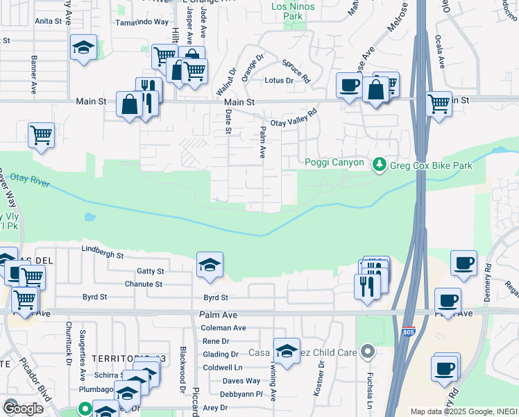 map of restaurants, bars, coffee shops, grocery stores, and more near 414 Palm Avenue in Chula Vista