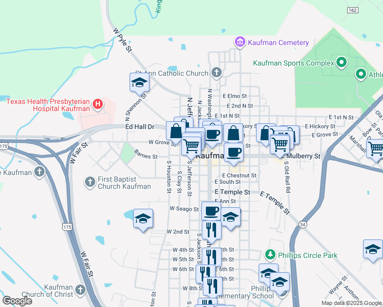 map of restaurants, bars, coffee shops, grocery stores, and more near 212 West Mulberry Street in Kaufman