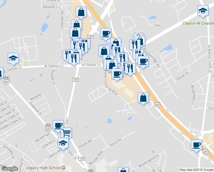 map of restaurants, bars, coffee shops, grocery stores, and more near 1713 Towne Crossing Boulevard in Mansfield