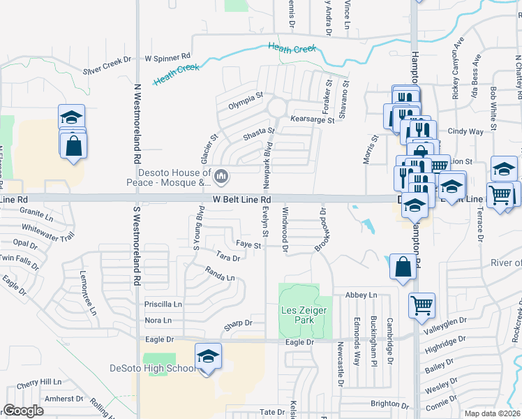 map of restaurants, bars, coffee shops, grocery stores, and more near 105 Evelyn Street in DeSoto