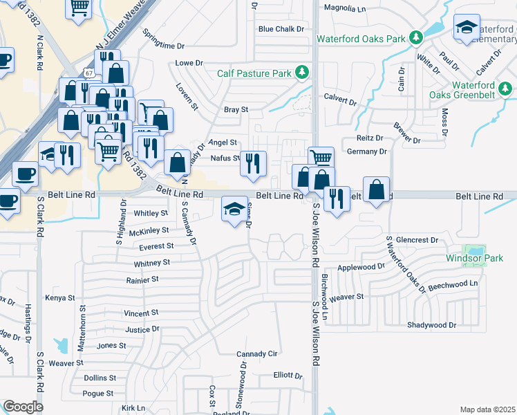 map of restaurants, bars, coffee shops, grocery stores, and more near 602 Belt Line Road in Cedar Hill