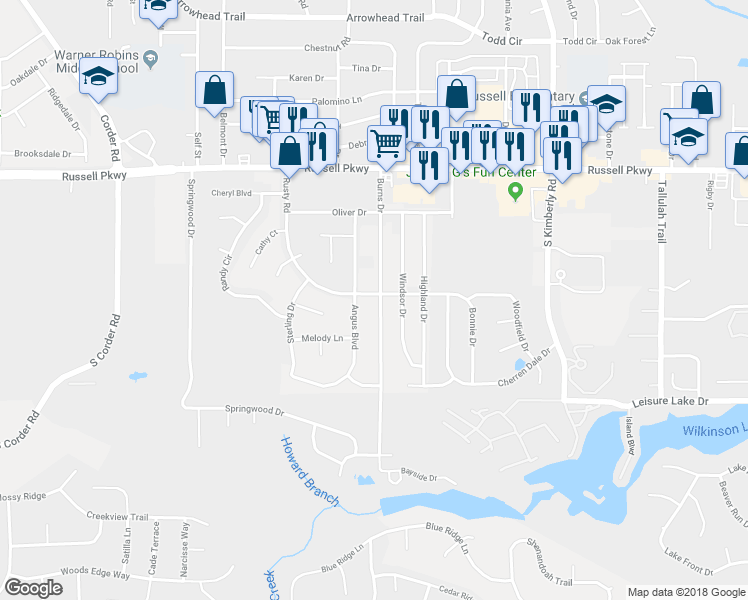 map of restaurants, bars, coffee shops, grocery stores, and more near 404 Rusty Road in Warner Robins