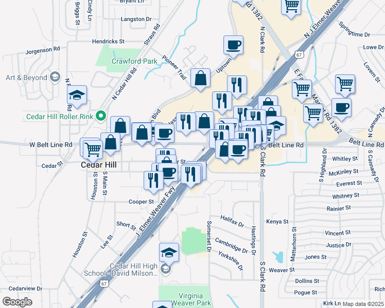 map of restaurants, bars, coffee shops, grocery stores, and more near 207 Cedar Street in Cedar Hill