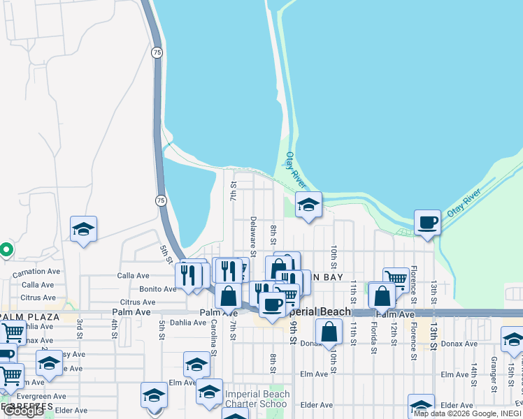 map of restaurants, bars, coffee shops, grocery stores, and more near 455 Delaware Street in Imperial Beach