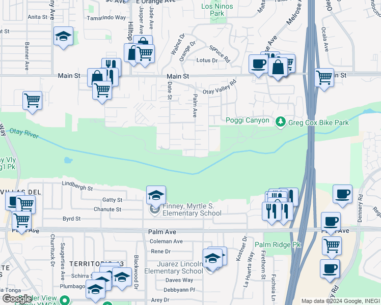 map of restaurants, bars, coffee shops, grocery stores, and more near 414 Palm Avenue in Chula Vista
