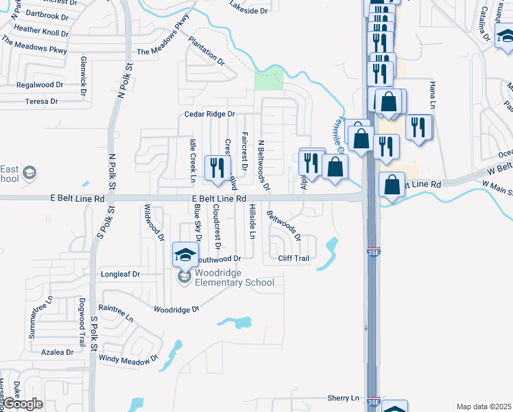 map of restaurants, bars, coffee shops, grocery stores, and more near 104 Hillside Lane in DeSoto