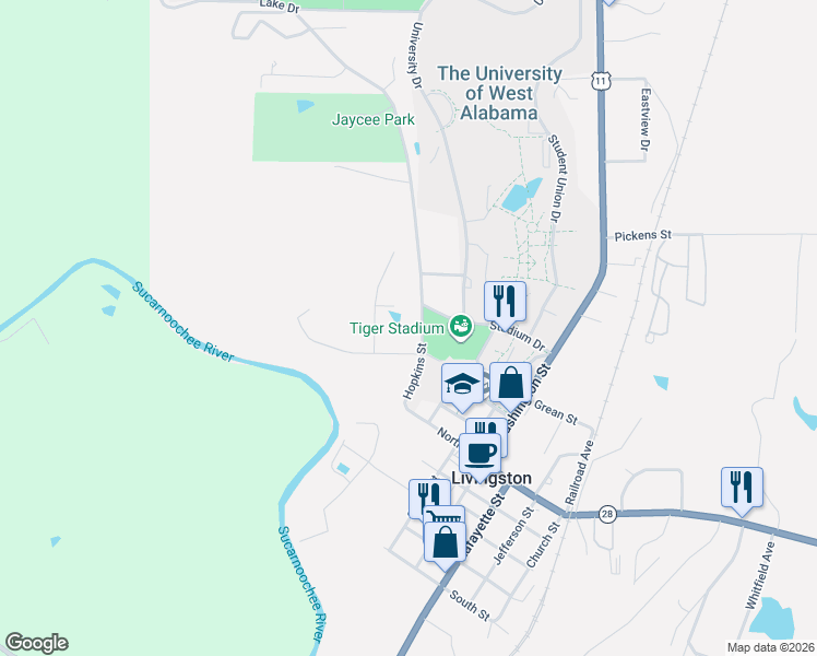 map of restaurants, bars, coffee shops, grocery stores, and more near River Bend Road in Livingston