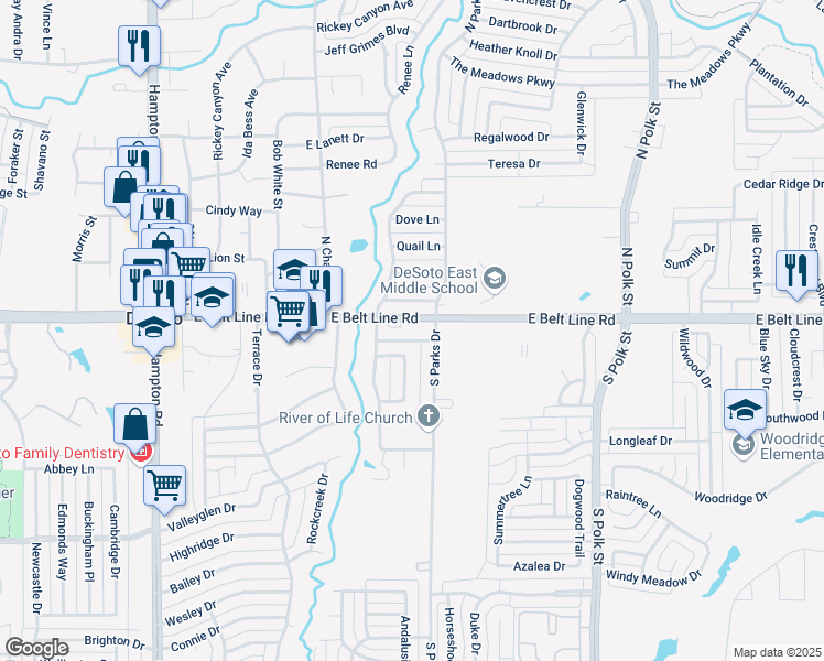map of restaurants, bars, coffee shops, grocery stores, and more near 510 East Belt Line Road in DeSoto