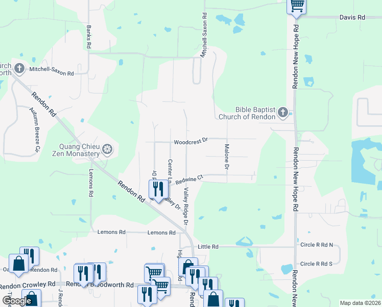 map of restaurants, bars, coffee shops, grocery stores, and more near 6327 Valley Ridge Drive in Fort Worth