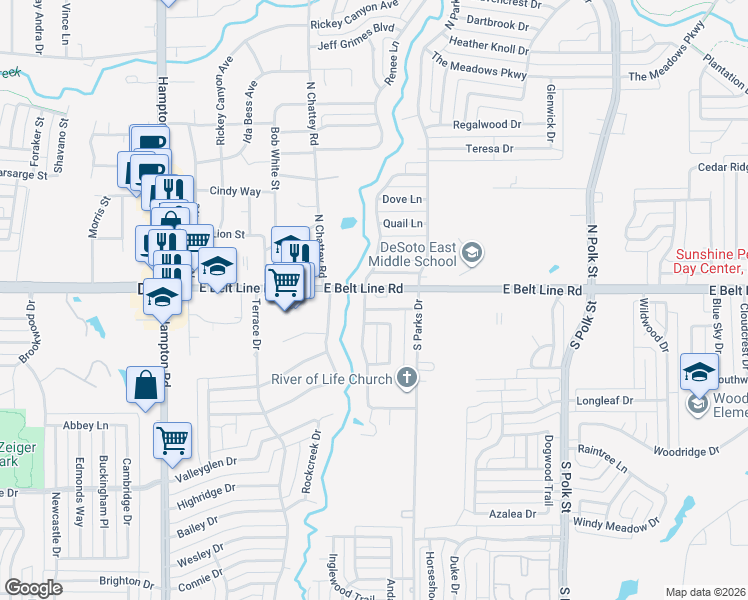 map of restaurants, bars, coffee shops, grocery stores, and more near 506 East Belt Line Road in DeSoto