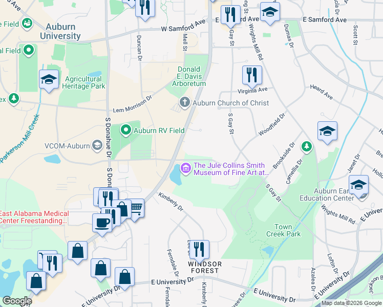 map of restaurants, bars, coffee shops, grocery stores, and more near 115 Woodfield Drive in Auburn