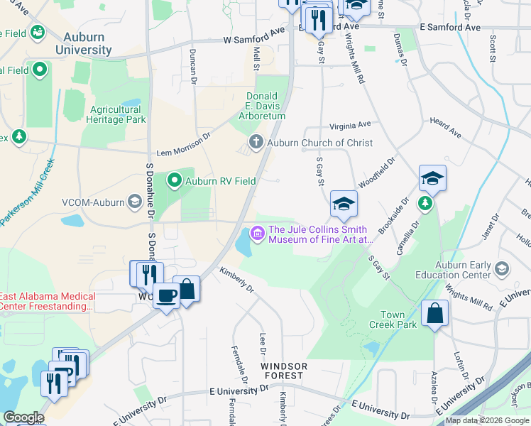 map of restaurants, bars, coffee shops, grocery stores, and more near 115 Woodfield Drive in Auburn
