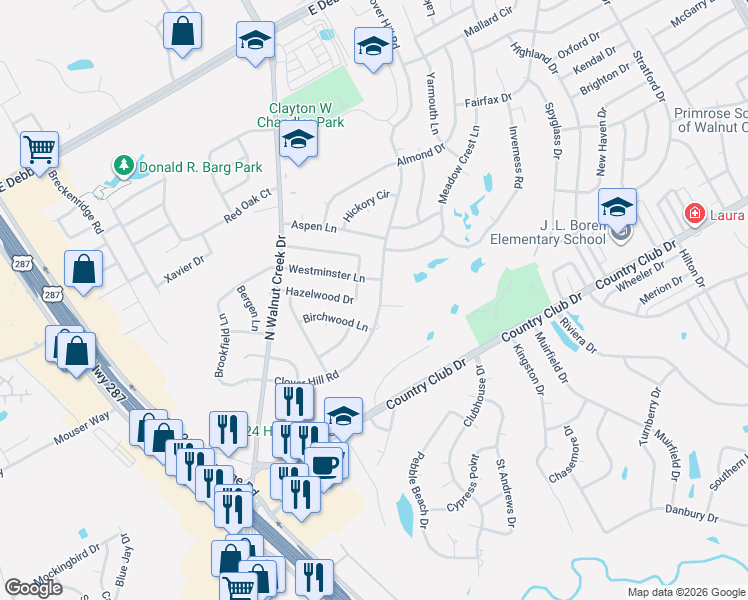 map of restaurants, bars, coffee shops, grocery stores, and more near 1100 Fairway Court in Mansfield