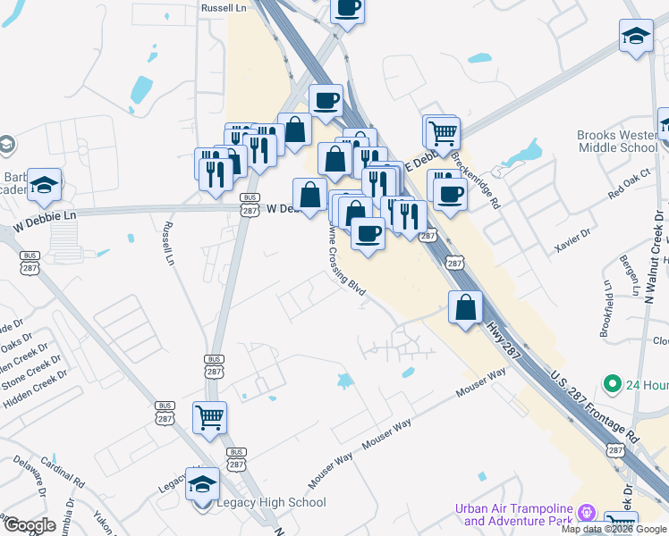 map of restaurants, bars, coffee shops, grocery stores, and more near Towne Crossing Boulevard in Mansfield