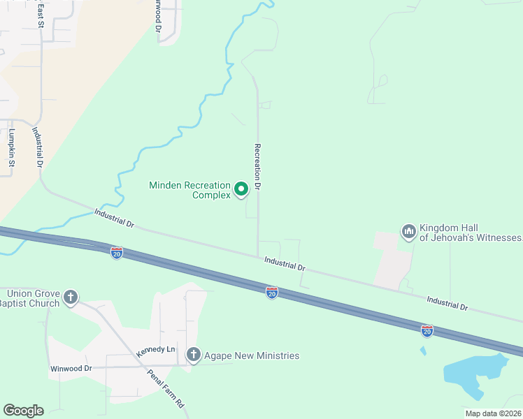 map of restaurants, bars, coffee shops, grocery stores, and more near 1100 Recreation Drive in Minden