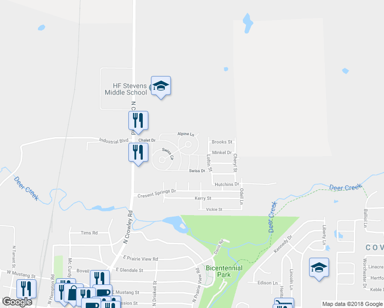 map of restaurants, bars, coffee shops, grocery stores, and more near 908 Alpine Lane in Crowley