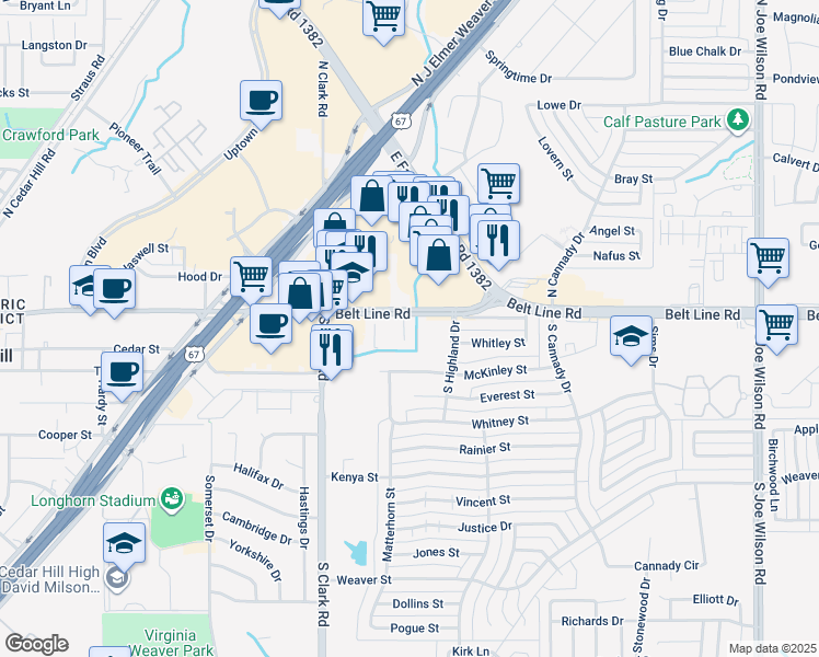 map of restaurants, bars, coffee shops, grocery stores, and more near 204 East Belt Line Road in Cedar Hill