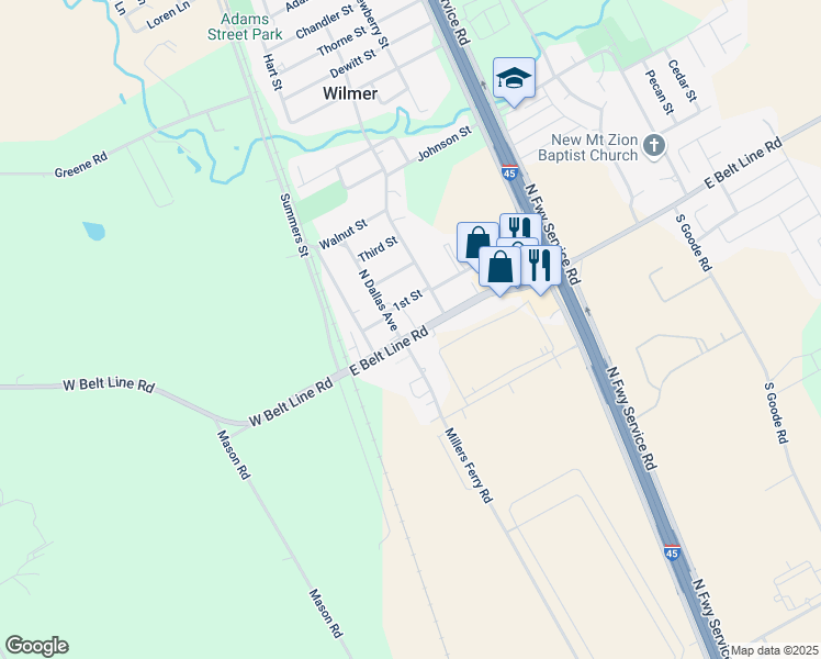 map of restaurants, bars, coffee shops, grocery stores, and more near 128 North Dallas Avenue in Wilmer