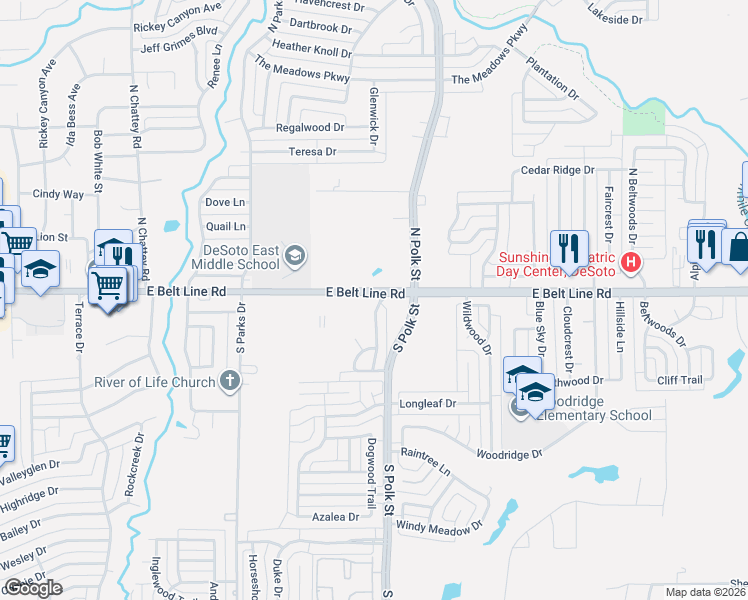 map of restaurants, bars, coffee shops, grocery stores, and more near 108 Streamside Drive in DeSoto