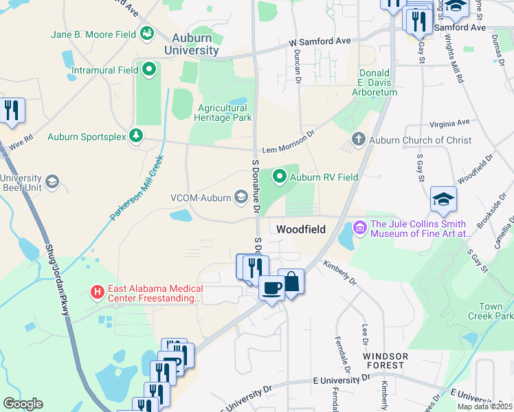 map of restaurants, bars, coffee shops, grocery stores, and more near South Donahue Drive in Auburn