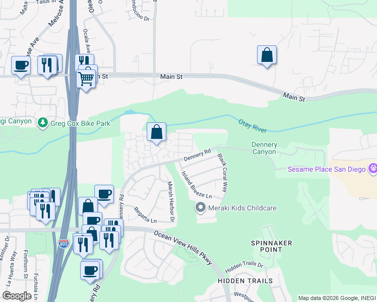 map of restaurants, bars, coffee shops, grocery stores, and more near 5014 Ballast Lane in San Diego
