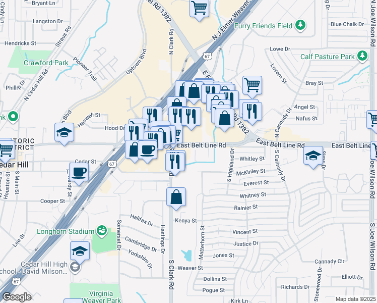 map of restaurants, bars, coffee shops, grocery stores, and more near 2 South Clark Road in Cedar Hill