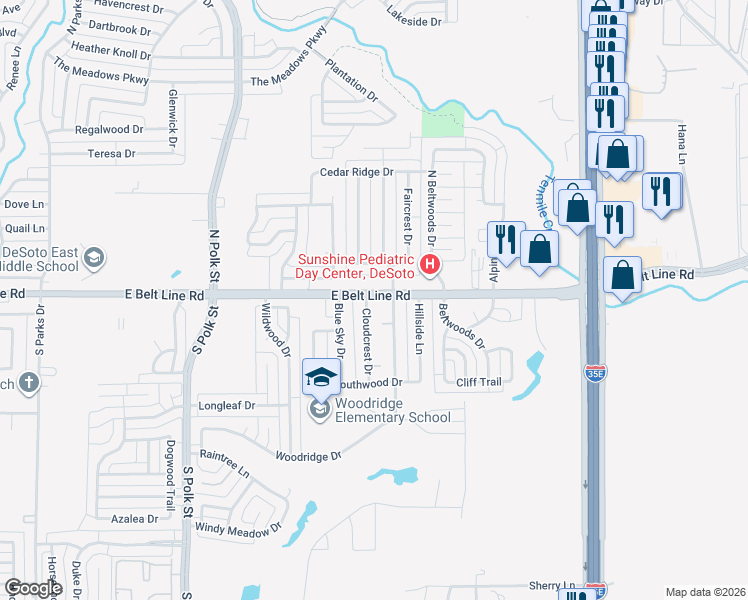 map of restaurants, bars, coffee shops, grocery stores, and more near 109 Cloudcrest Drive in DeSoto