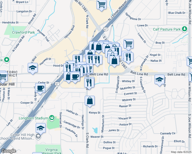 map of restaurants, bars, coffee shops, grocery stores, and more near 2 South Clark Road in Cedar Hill