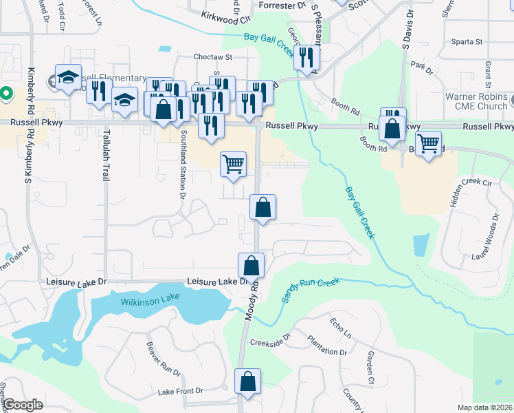 map of restaurants, bars, coffee shops, grocery stores, and more near 2297 Moody Road in Warner Robins