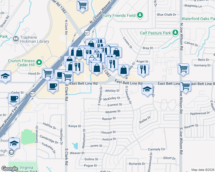 map of restaurants, bars, coffee shops, grocery stores, and more near 432 East Belt Line Road in Cedar Hill
