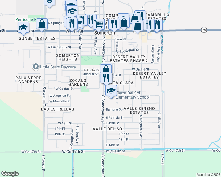 map of restaurants, bars, coffee shops, grocery stores, and more near 109 Cactus Street in Somerton