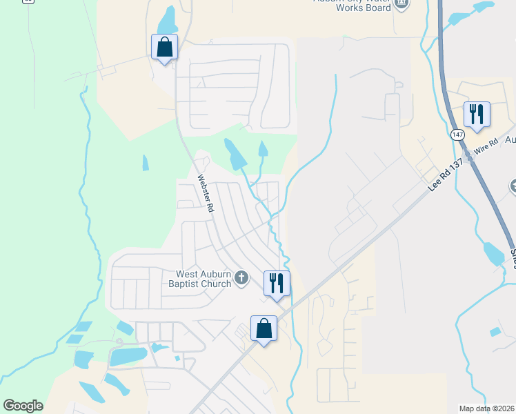map of restaurants, bars, coffee shops, grocery stores, and more near 501 Webster Road in Auburn